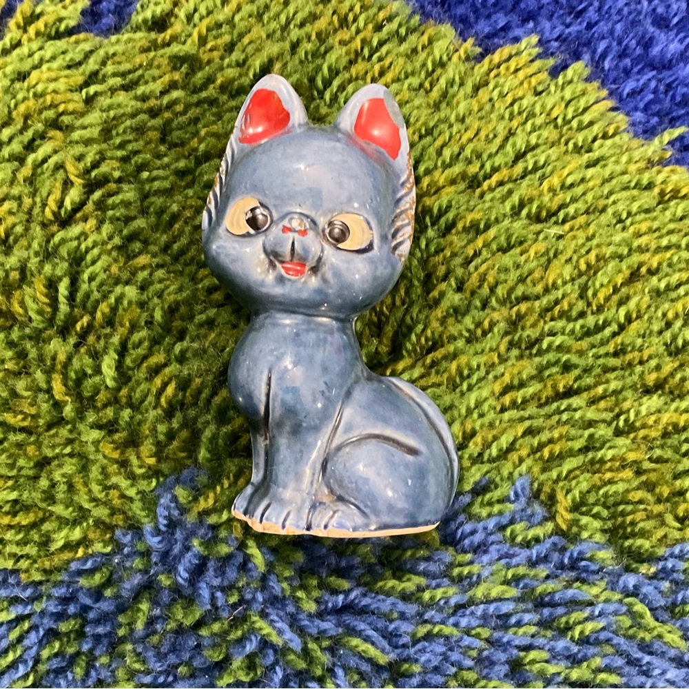 VTG Small Blue Cat Ceramic Figurine Japan Pointed Ears Mid Century